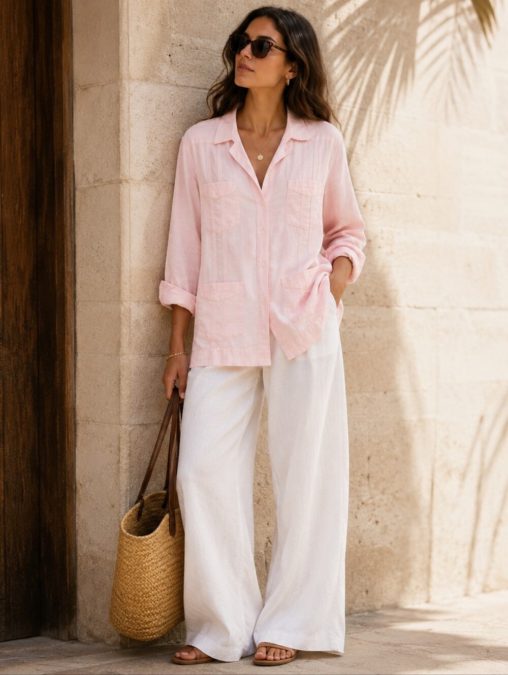 Vintage Givenchy Mens Pale Pink Linen Guayabera Shirt